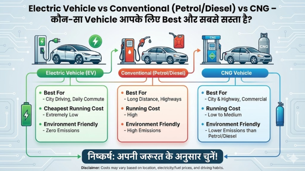Electric Vehicle vs Conventional (Petrol/Diesel) vs CNG – कौन-सा Vehicle आपके लिए Best और सबसे सस्ता है?