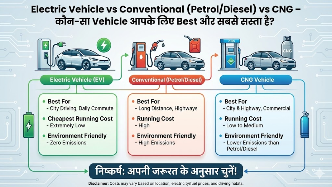 Electric Vehicle vs Conventional (Petrol/Diesel) vs CNG – कौन-सा Vehicle आपके लिए Best और सबसे सस्ता है?