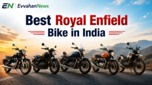 Row of Royal Enfield motorcycles including Classic 350, Hunter 350, Himalayan 450 and Super Meteor 650 parked together