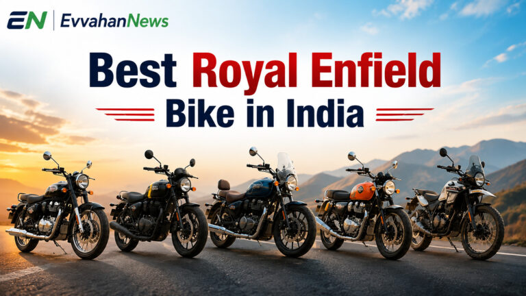 Row of Royal Enfield motorcycles including Classic 350, Hunter 350, Himalayan 450 and Super Meteor 650 parked together
