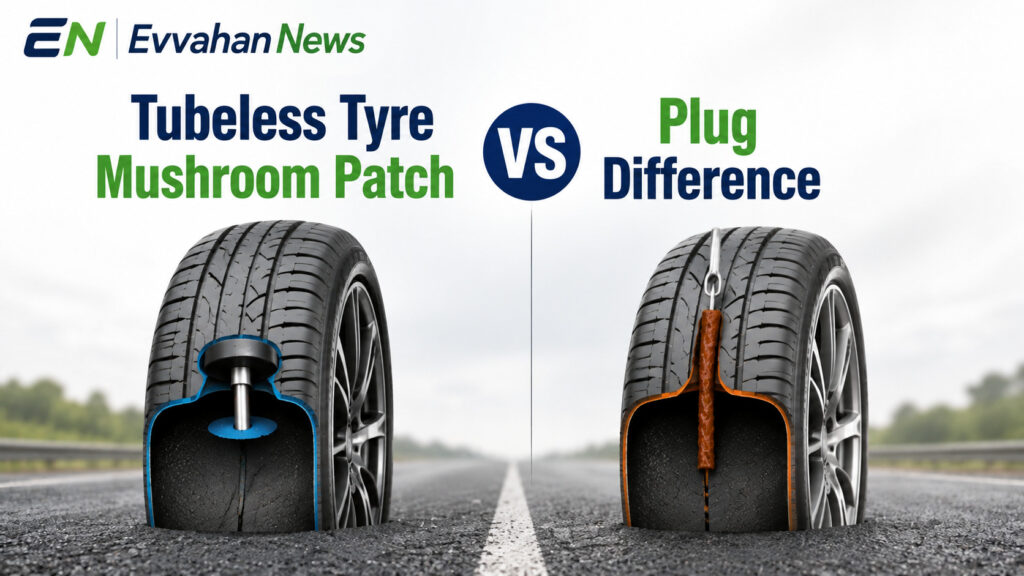 Side by side comparison of a rubber strip plug puncture tool and an internal mushroom patch vulcanization plug for tubeless tyres